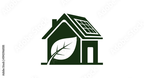 Green house with solar panels and leaf symbol.