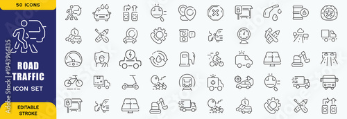 Road and traffic line icons collection. Street, transport, fuel, vehicle, location, car service icons. UI icon set. Thin outline icons pack. Vector illustration EPS10
