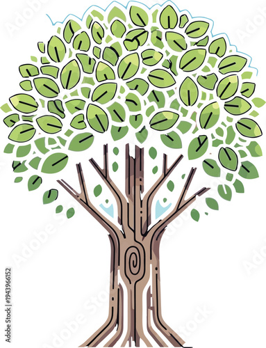 Stylized illustration of a mature deciduous tree with a thick textured brown trunk and branches reaching outwards adorned with numerous vibrant green oval leaves set