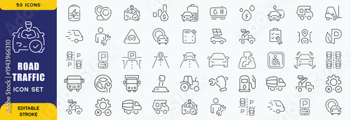 Road and traffic line icons collection. Street, transport, fuel, vehicle, location, car service icons. UI icon set. Thin outline icons pack. Vector illustration EPS10