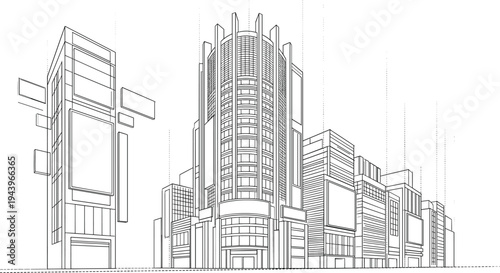 Focused architectural sketch of a smart city commercial hub featuring a central cylindrical skyscraper, digital display facades, and integrated connectivity elements.