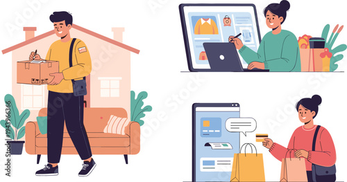 Online Shopping and Delivery – Vector Illustration of E-commerce, Package Delivery, and Mobile Shopping