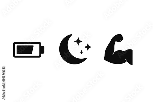Minimal black icons showing low battery, night sleep with crescent moon and stars, and flexed bicep strength symbol on white background