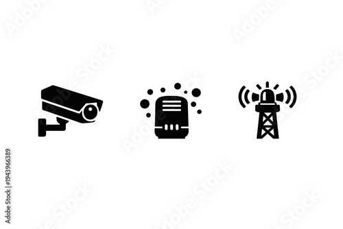 Dark monochrome cybersecurity concept banner with surveillance camera, central server hub and wireless signal tower icons on shaded gradient background