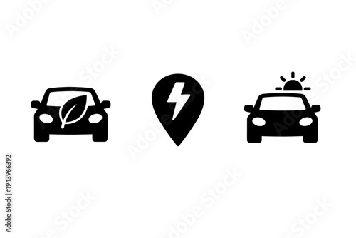 Minimal black icons showing eco-friendly car, electric charging location pin, and autonomous vehicle with sensor lights on a clean white background