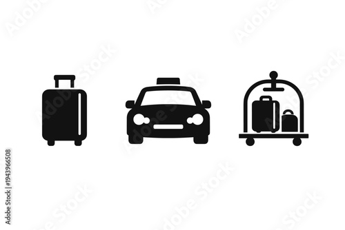 Black travel and hospitality icons showing suitcase luggage, taxi cab vehicle, and hotel bellhop cart with bags in minimalist flat silhouette style