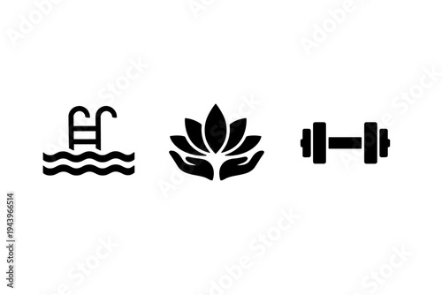 Minimal black wellness icons set featuring swimming pool ladder with waves, lotus meditation symbol, and dumbbell weight for fitness training
