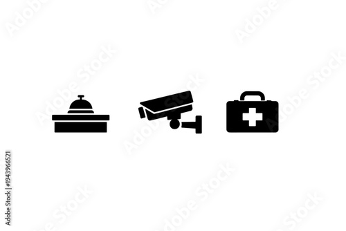 Dark gradient background with black icons showing hotel reception bell, security surveillance camera, and medical first-aid kit in minimal silhouette style
