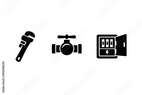 Black silhouette icons of plumbing wrench, valve pipeline fitting, and electrical fuse box panel with open door, isolated on white background