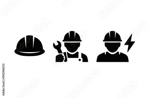 Black silhouette construction safety icons showing hard hat, engineer holding wrench, and electrician with lightning symbol on white background