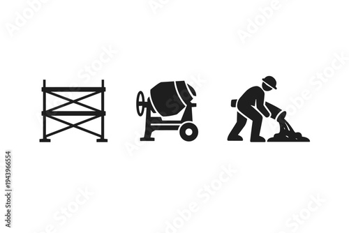Construction icons showing scaffolding frame, concrete cement mixer machine, and worker shoveling material for building and renovation work