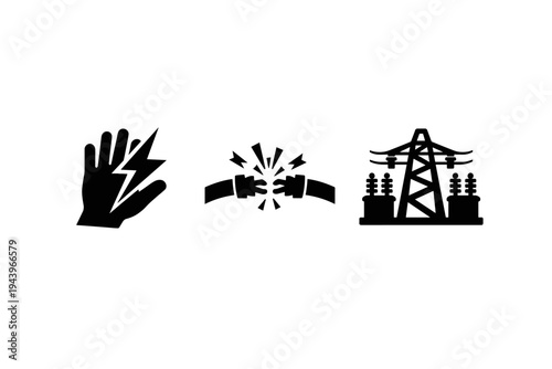 Black silhouette safety icons showing electric shock hazard, damaged cable with sparks, and high-voltage power transmission tower with lines