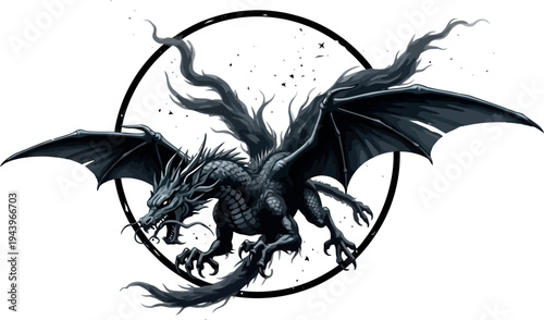 Black dragon with wings spread in front of circular symbol circle