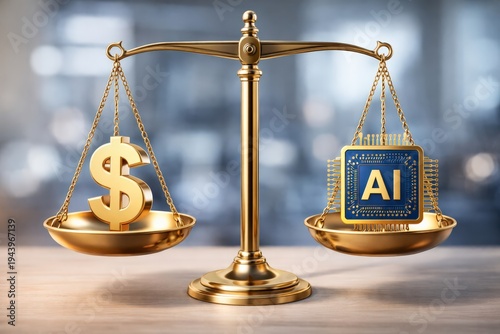 Golden balance scale weighing a dollar symbol against an AI chip. Concept of AI regulation, cost vs value, fintech ethics, automated decision making and tech economy