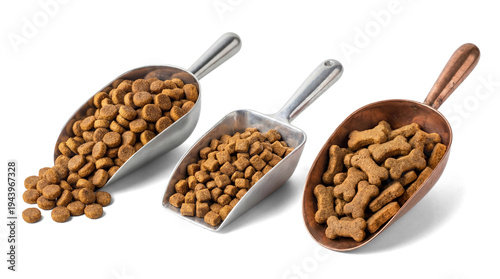 фотографія three metal scoops filled with dry dog food and bone-shaped treats on a transparent background