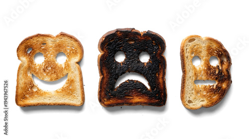 Foto three slices of toast with faces carved by burnt patterns, representing different emotional states from happy to sad, on a transparent background