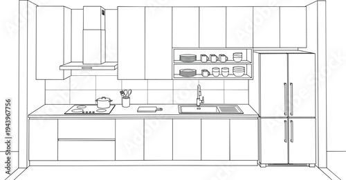 Clean technical elevation of a minimalist modern kitchen featuring handle-less cabinetry, a four-door refrigerator, and integrated cooktop.