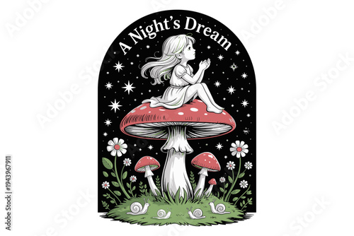 A whimsical illustration of a girl sitting on a mushroom under a starry night sky