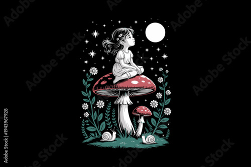 A whimsical illustration of a girl sitting on a mushroom under the night sky