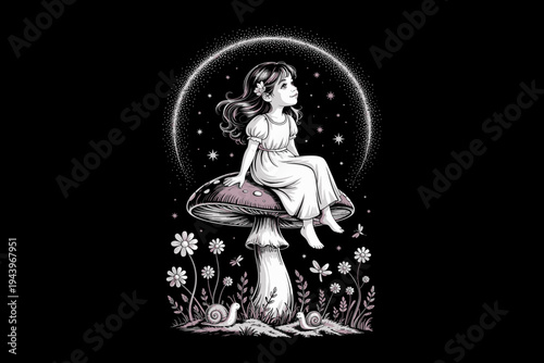 A whimsical illustration of a young girl sitting on a mushroom under a starry night sky