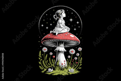 A whimsical illustration of a young girl sitting on a vibrant red mushroom under a starry night sky