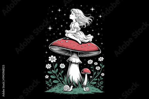 A whimsical illustration of a girl sitting on a large red mushroom under starry night sky