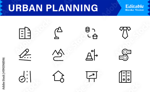 Urban Planning, City Development Line Icon Set – Modern, Minimal, Pixel-Perfect Professional Collection