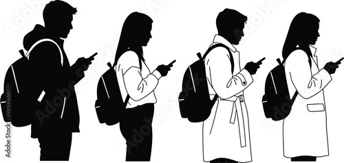 Silhouettes of young people with backpacks using smartphones, men women standing texting on mobile phones, modern digital communication lifestyle vector illustration