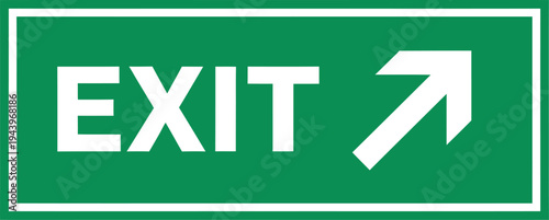 A green 3d emergency exit sign icon featuring a white arrow and vector text for web design and business safety direction