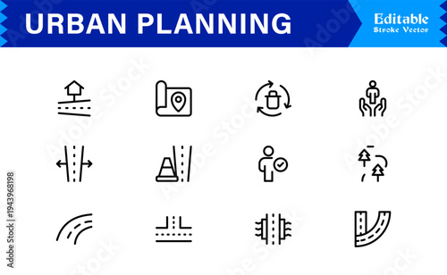 Urban Planning, City Development Line Icon Set – Modern, Minimal, Pixel-Perfect Professional Collection