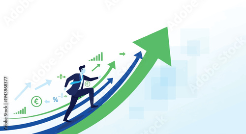 A successful 3d businessman in a red suit pushes a financial arrow up a growth graph towards the top of a money chart concept to show market progress and step by step success
