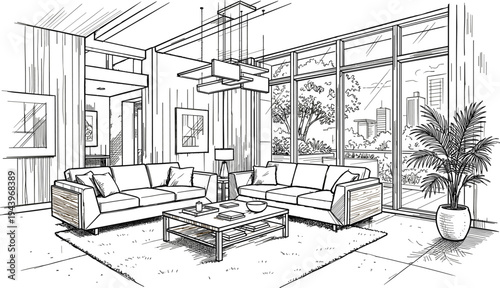 Immersive interior perspective of a high-end modernist living room featuring a sectional sofa arrangement, floor-to-ceiling glass walls, and a garden terrace view.