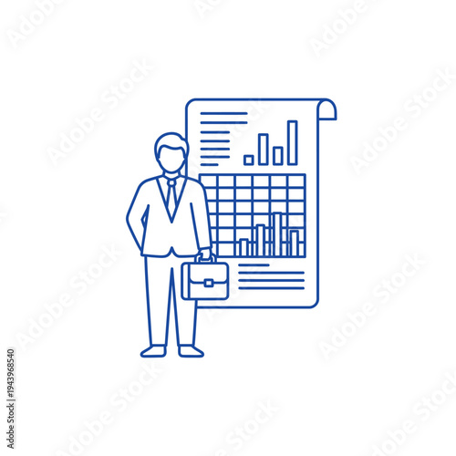 Business professional standing next to financial report with charts.