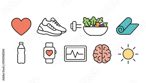 A fitness icon set with various healthy lifestyle illustrations