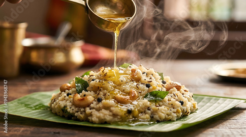 Ven Pongal with Ghee Drizzle on Banana Leaf – Traditional South Indian Breakfast Dish Close-Up
