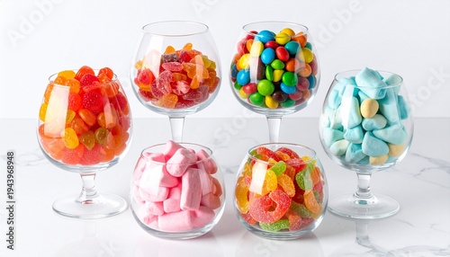 Wallpaper Mural Six glass bowls with assorted colorful candies arranged in rows evoking sweetness, variety, and playful delight Torontodigital.ca