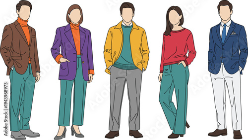 Stylish diverse group in colorful blazers, turtlenecks, sweaters, wide pants, vector fashion illustration, modern casual chic outfits collection