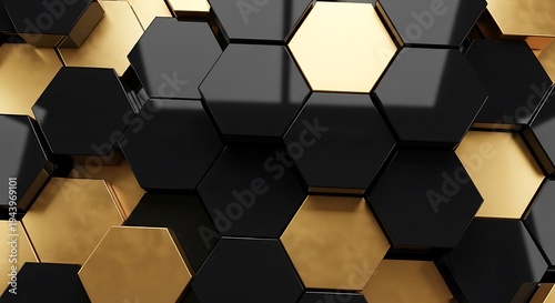 Abstract Hexagonal Pattern of Black and Gold Geometric Shapes.