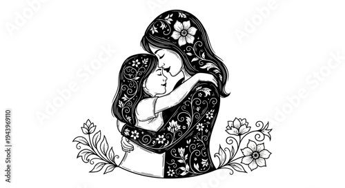 Mother Hugging Baby in Floral Pattern.