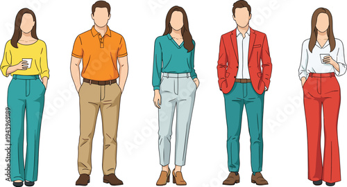 Stylish diverse group in colorful casual business outfits, vector fashion illustration, polo shirts, blazers, wide leg trousers, modern office style collection