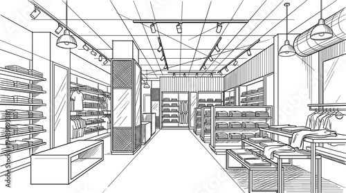 Industrial modern retail showroom featuring exposed ceiling utilities, track lighting, tiered display tables, and high-density apparel shelving in a perspective sketch.