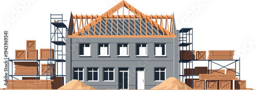House under construction with roof framing