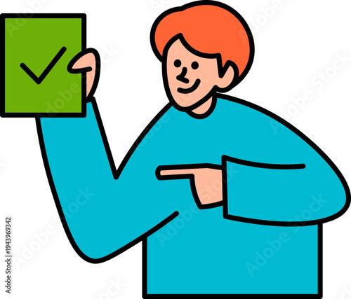 Smiling man holding green checkmark board