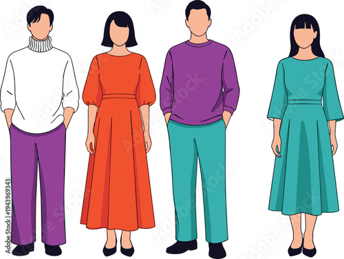 Stylish diverse group in colorful casual outfits, vector fashion illustration, turtleneck sweaters, midi dresses, wide leg pants, modern everyday wear collection