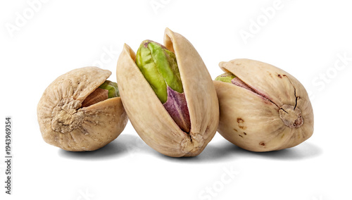 Quadro su tela three pistachios with one open, showcasing the green nut, isolated on a transparent background