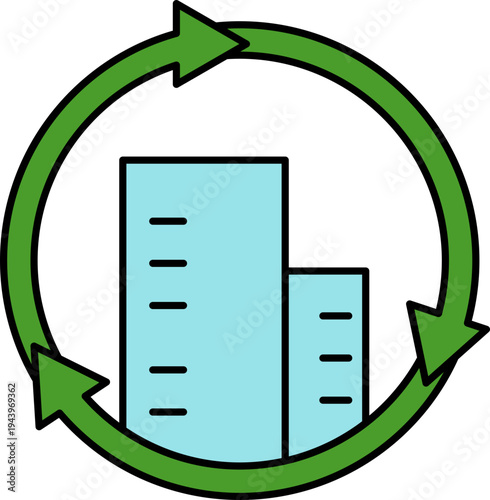 Green recycling symbol around buildings, eco friendly