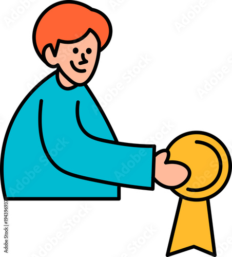 Smiling man holding golden award ribbon