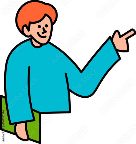 Smiling redhead man pointing right, holding green folder