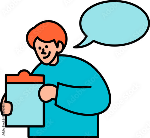 Smiling man holding clipboard talking