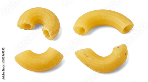 Tableau sur toile four uncooked elbow macaroni pasta shapes photographed in detail against a transparent background, highlighting their distinctive curved tubular structure